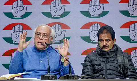 AICC General Secretaries KC Venugopal (Organisation) and Jairam Ramesh (Communications) during a Congress party briefing at AICC HQ, in New Delhi, Saturday, Jan. 3, 2026.