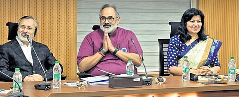 BJP senior leader Prakash Javadekar, state president Rajeev Chandrasekhar and MP Aparajita Sarangi during the Kerala BJP core committee meeting at Mararji Bhavan in Thiruvananthapuram on Saturday.