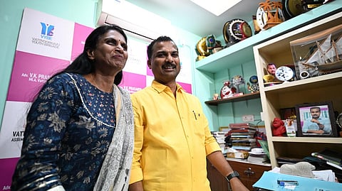 Sasthamangalam ward councillor R. Sreelekha meets Vattiyurkavu MLA V. K. Prasanth at his office in Thiruvananthapuram on Sunday.