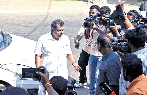 MLA Antony Raju arrives at Nedumangad court ahead of verdict in Thondimuthal case.evidence tampering case.