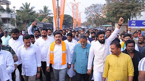 BJP state chief BY Vijayendra and BJP MLA B Sriramulu leave after visiting MLA G Janardhana Reddy’s house in Ballari on Friday
