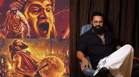 Clockwise from Top Left: Poster for Kantara, Rishab Shetty, and a poster for Kantara: Chapter 1