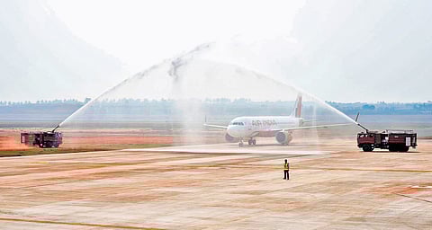 The first commercial validation flight being given a water cannon salute at Alluri Sitarama Raju (Bhogapuram) Greenfield International Airport.