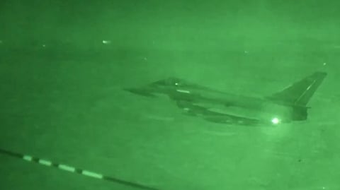 A still grab taken from handout video footage recorded on January 3, 2025, and released by the British Ministry of Defence shows a Royal Air Force Typhoon aircraft air-to-air refueling during a joint patrol with French aircraft over Syria.
