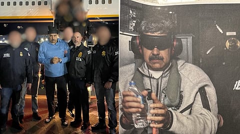 (L) A handcuffed Nicolás Maduro is escorted by US federal agents, including DEA officers, after arriving in New York on Saturday; (R) US President Donald Trump shares the first photo of Maduro in US military custody following his abduction from Caracas.