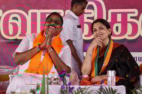 A Namassivayam and Khushbu Sundar Vice President of BJP, Tamilnadu unit during an event in Puducherry recently.