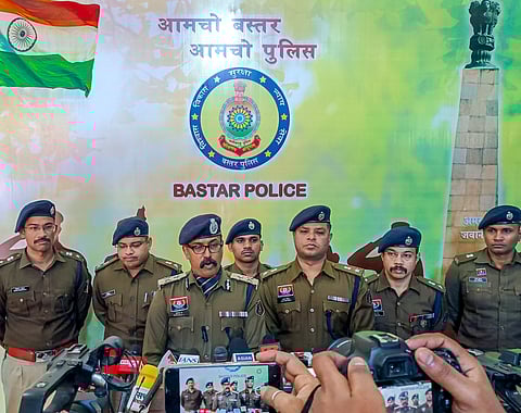 IGP (Bastar Range) Sundarraj Pattilingam, front left, addresses a press conference, after the encounters. He called upon the remaining Maoists to surrender