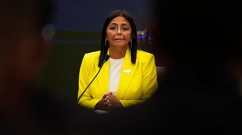 Venezuelan Vice President and Oil Minister Delcy Rodriguez gives a press conference at the Miraflores presidential palace in Caracas, Venezuela, March 10, 2025.