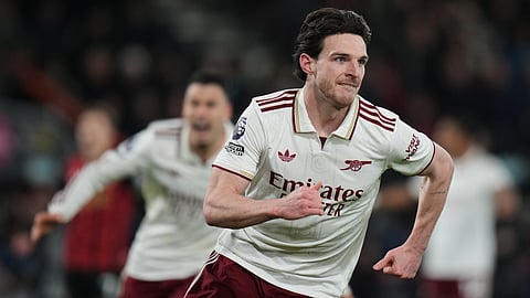 Arsenal's Declan Rice celebrates after scoring his sides second goal during the English Premier League soccer match between Bournemouth and Arsenal in Bournemouth, England, Saturday, Jan. 3, 2026.