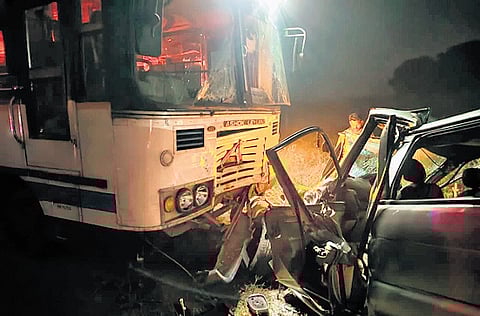 The car was carrying 12 passengers, all residents of Balajinagar in Korutla town of Jagtial district, who were returning home after visiting Ganugapur Dattatreya Swamy temple in Karnataka.