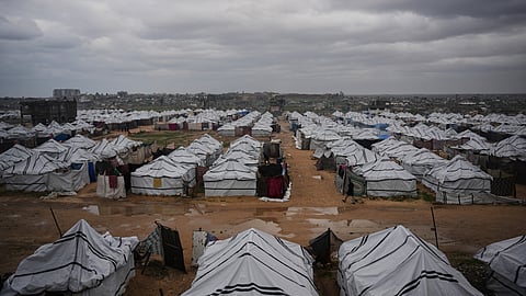 A makeshift tent camp for displaced Palestinians stretches across Nuseirat, central Gaza Strip, Friday, Jan. 2, 2026.
