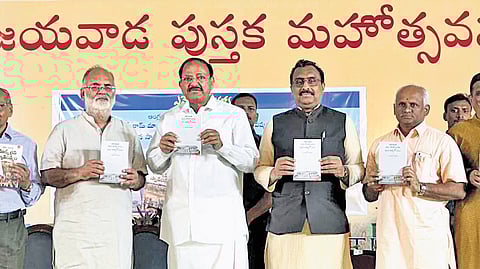 Former Vice-President of India M Venkaiah Naidu releases two books authored by nationalist thinker Ram Madhav, at Vijayawada Book Festival.