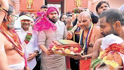 AP Deputy CM Pawan Kalyan at the foundation-laying ceremony for construction works at Kondagattu temple in Telangana with TTD funds, on Saturday.