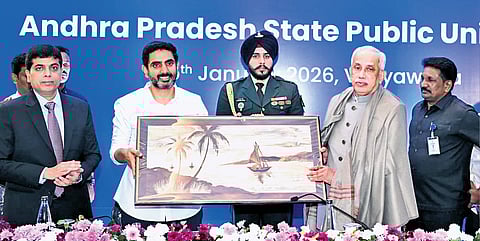 Governor S Abdul Nazeer and IT Minister Nara Lokesh during the Andhra Pradesh State Public Universities Vice-Chancellors Conference in Vijayawada.