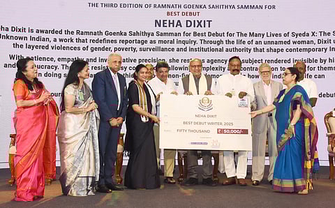 Vice President of India, CP Radhakrishnan, handing over the citation to Neha Dixit