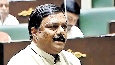 BJP MLA Alleti Maheshwar Reddy speaking during a discussion on HILT policy at the state Legislative Assembly, Hyderabad, on Tuesday
