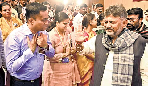 DCM DK Shivakumar and BDA Chairman N A Haris at Jnana Jyoti Auditorium in Bengaluru on Tuesday.