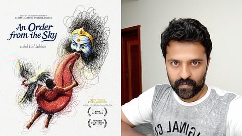 A poster for An Order From The Sky (L) and Karthik Radhakrishnan (R)