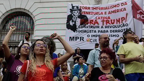 Demonstrators protest the weekend capture of Venezuelan President Nicolas Maduro by US forces in Rio de Janeiro, Monday, Jan. 5, 2026.
