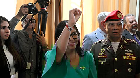 Venezuela's interim President Delcy Rodriguez gestures after a session of the National Assembly in Caracas on January 5, 2026.