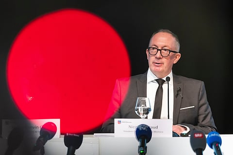 Nicolas Feraud, Mayor of Crans-Montana speaks during a press conference of the Crans-Montana Municipal Council following the fire that broke out at a New Year's party, in Crans-Montana, Switzerland, Tuesday, Jan. 6, 2026.