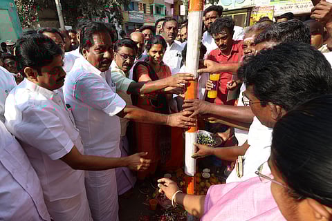 Minister P Moorthy along with officials participated in the Muhurthakaal planting ceremony which marks the beginning of Avaniyapuram Jallikattu preparation works.