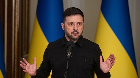 Ukraine's President Volodymyr Zelenskyy speaks during a briefing in Kyiv, Ukraine, Saturday, Jan. 3, 2026.