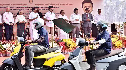 CM MK Stalin flags off the E- bikes at Island ground, on Monday in Chennai