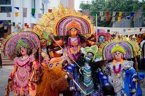 Dancers perform the energetic Chhau dance at Dastkari Haat Crafts Bazaar at Delhi's Dilli Haat