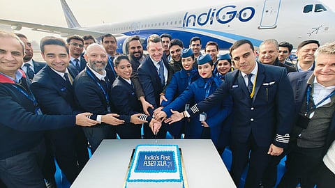 The aircraft features a dual-class configuration, with 12 IndiGoStretch seats and 183 economy seats.