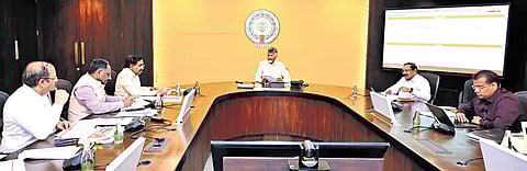 Chief Minister Nara Chandrababu Naidu addressing the 57th CRDA meeting at the Secretariat in Velagapudi on Tuesday.