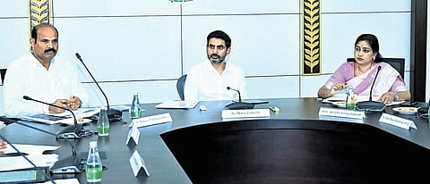 Minister for IT Nara Lokesh, I&PR Minister Kolusu Parthasarathi and Home Minister Vangalapudi Anitha at meeting held on ‘Strengthening Social Media Accountability and Citizen Protection’ at the Secretariat in Velagapudi on Tuesday.