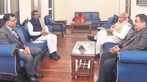 Union minister Dharmendra Pradhan with Road Transport and Highways minister Nitin Gadkari in New Delhi.