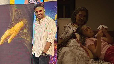 Tony Davis (L), A screengrab featuring KPAC Leela and Vriddhi Vishal in Bhoothayanam (R)