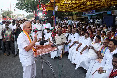 Secular parties, constituents of the Puducherry unit of the INDIA alliance, staged a dharna under the Leadership V. Vaithilingam, MP LS, & PCC President.