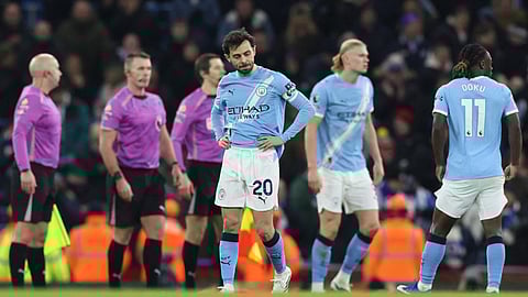 Manchester City's midfielder #20 Bernardo Silva reacts at the end of the EPL football match between Manchester City and Brighton and Hove Albion on January 7, 2026.