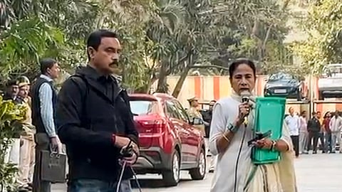 West Bengal Chief Minister Mamata Banerjee speaks to media after the Enforcement Directorate conducted searches on the premises of political consultancy firm I-PAC and its director, Pratik Jain, in Kolkata, Thursday, Jan. 8, 2026.