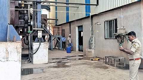 Police Inspector I M Mathpathi visits Inamdar Sugar Factory near Marakumbi village in Bailhongal taluk on Wednesday.