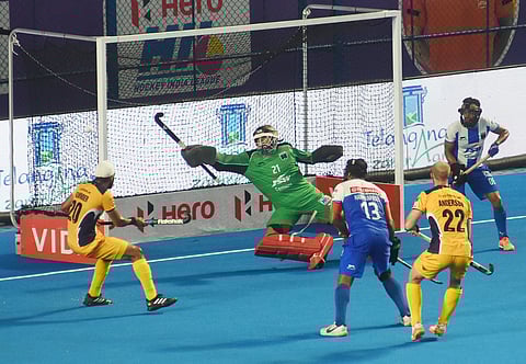Action from the match between JSW Soorma Hockey Club and Hyderabad Toofans in the Men's HIL in Chennai on Friday. Soorma won via shootout (3-1)