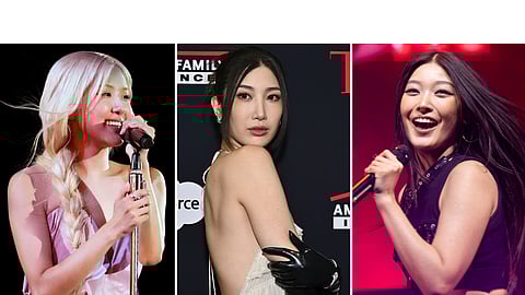This combination of photos show Rosé performing at the Global Citizen Festival in New York on Sept. 27, 2025, left, Ejae, from "KPop Demon Hunters," at the A Year in TIME honors gala in New York on Dec. 10, 2025, center, and Yoonchae, of KATSEYE, performing in Inglewood, Calif., on Dec. 12, 2025