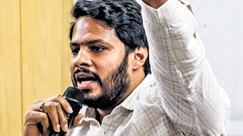 JDS leader Nikhil Kumaraswamy addresses the media at the Press Club of Bengaluru on Friday