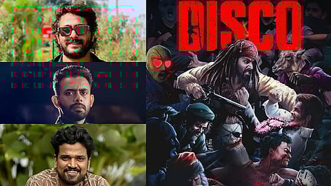 (L - top to bottom) Antony Varghese Pepe, Arjun Ashokan, Lukman Avaran, (R) Concept poster of Disco