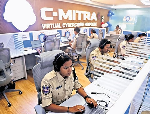 Police personnel at C-Mitra helpdesk at CCS Basheerbagh in Hyderabad on Friday