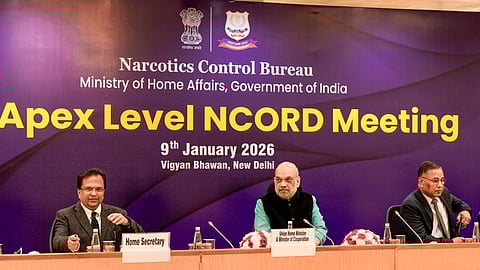 Union Home Minister Amit Shah, centre, Home Secretary Govind Mohan, left, and others during the 9th Apex-Level Meeting of the Narco-Coordination Centre (NCORD), in New Delhi, Friday, Jan. 9, 2026