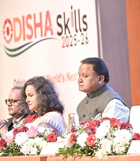 Chief Minister Mohan Charan Majhi, chief secretary Anu Garg and development commissioner DK Singh at Odisha Skills 2025-26