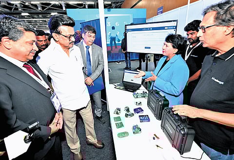 Chief Minister MK Stalin with IT and Digital Services Minister Palanivel Thiaga Rajan (left) at UmagineTN 2026 in Chennai on Thursday.