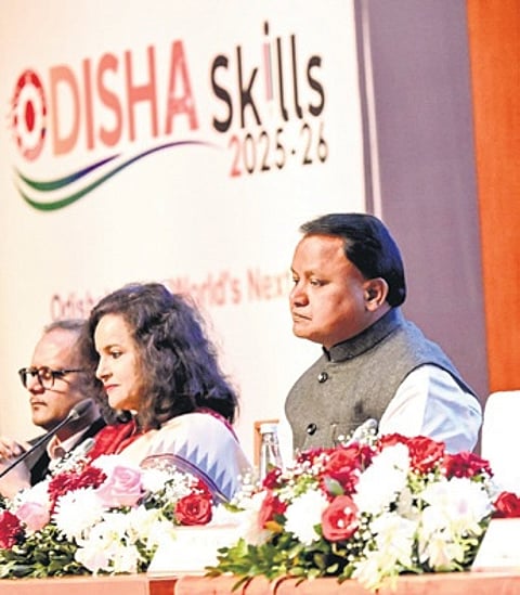 CM Mohan Charan Majhi, chief secretary Anu Garg and development commissioner DK Singh at Odisha Skills 2025-26