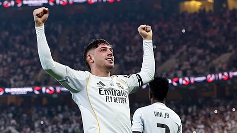 Real Madrid's Federico Valverde celebrates after scoring his team's first goal during the Spanish Supercup semi-final football match between Atletico Madrid and Real Madrid at King Abdullah Sports City in Jeddah on January 8, 2026.