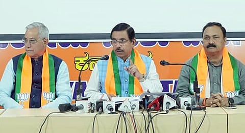 Union Minister Prahallad Joshi addressing media at Jaganatha Bhavan in Bengaluru on Thursday.