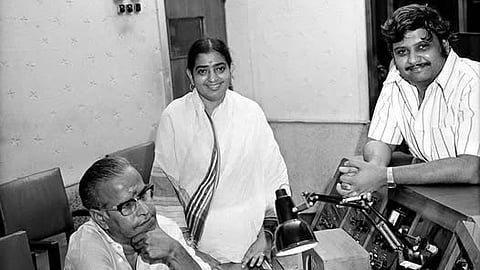 Music director K V 'Maama' Mahadevan (left), playback singer P Suseela (middle) and S P Balasubrahmanyam